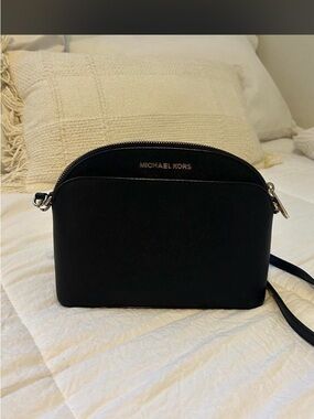 Michael Kors Black Saffiano Dome Crossbody Bag with Gold Logo